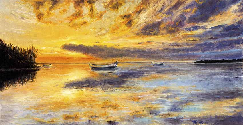 Sunset With Boat Canvas Wall Art Canvas Print
